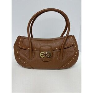 Escada Brown Pebble Leather Stitch Trim Front Flap Gold Hardware Satchel Handbag